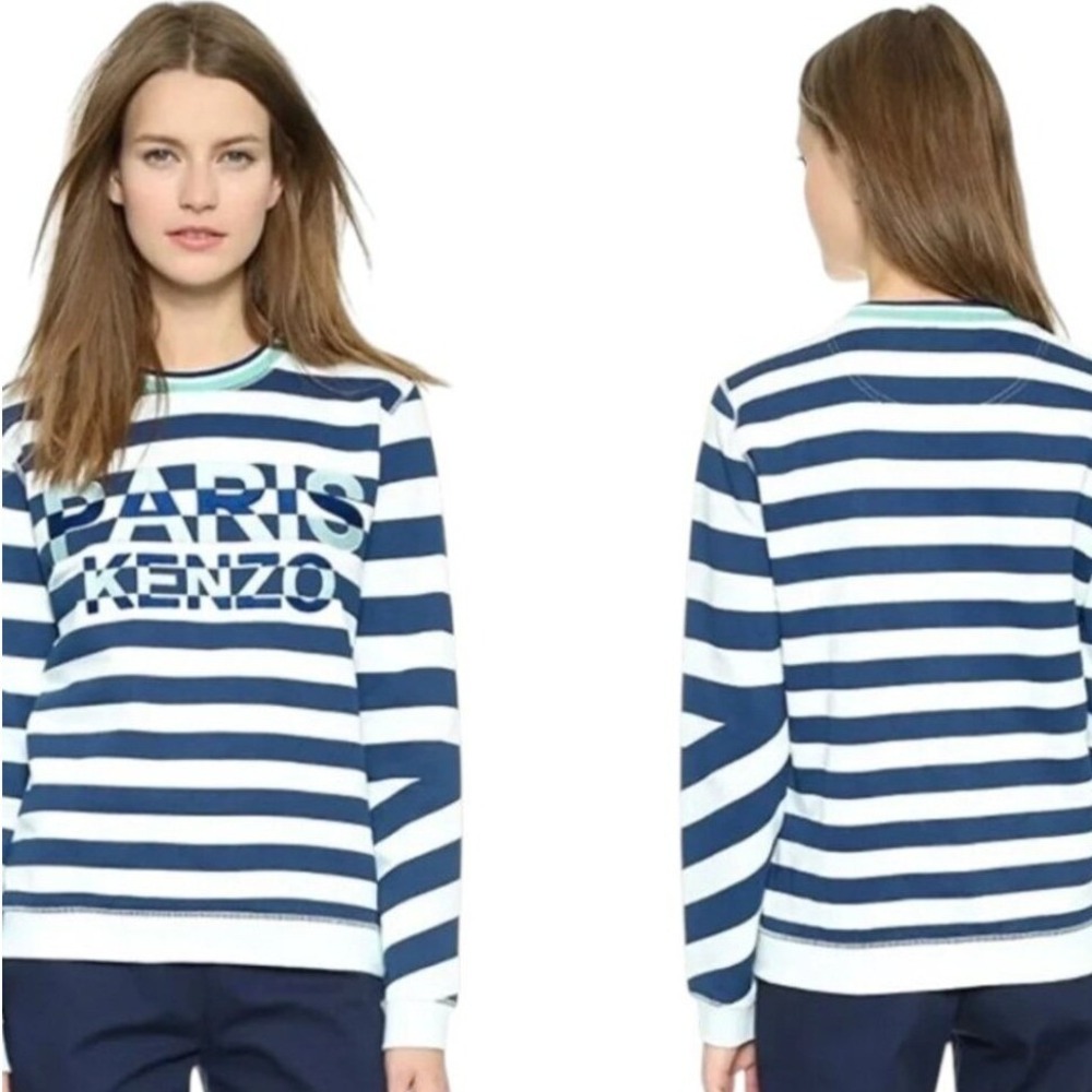 Kenzo Paris Striped Graphic Sweatshirt Womens M Blue White Cotton Pullover Top
